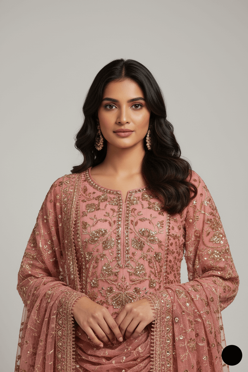 ready to wear stitched dresses wedding 2025 on a model wearing a pink embellished ethnic dress with earrings.