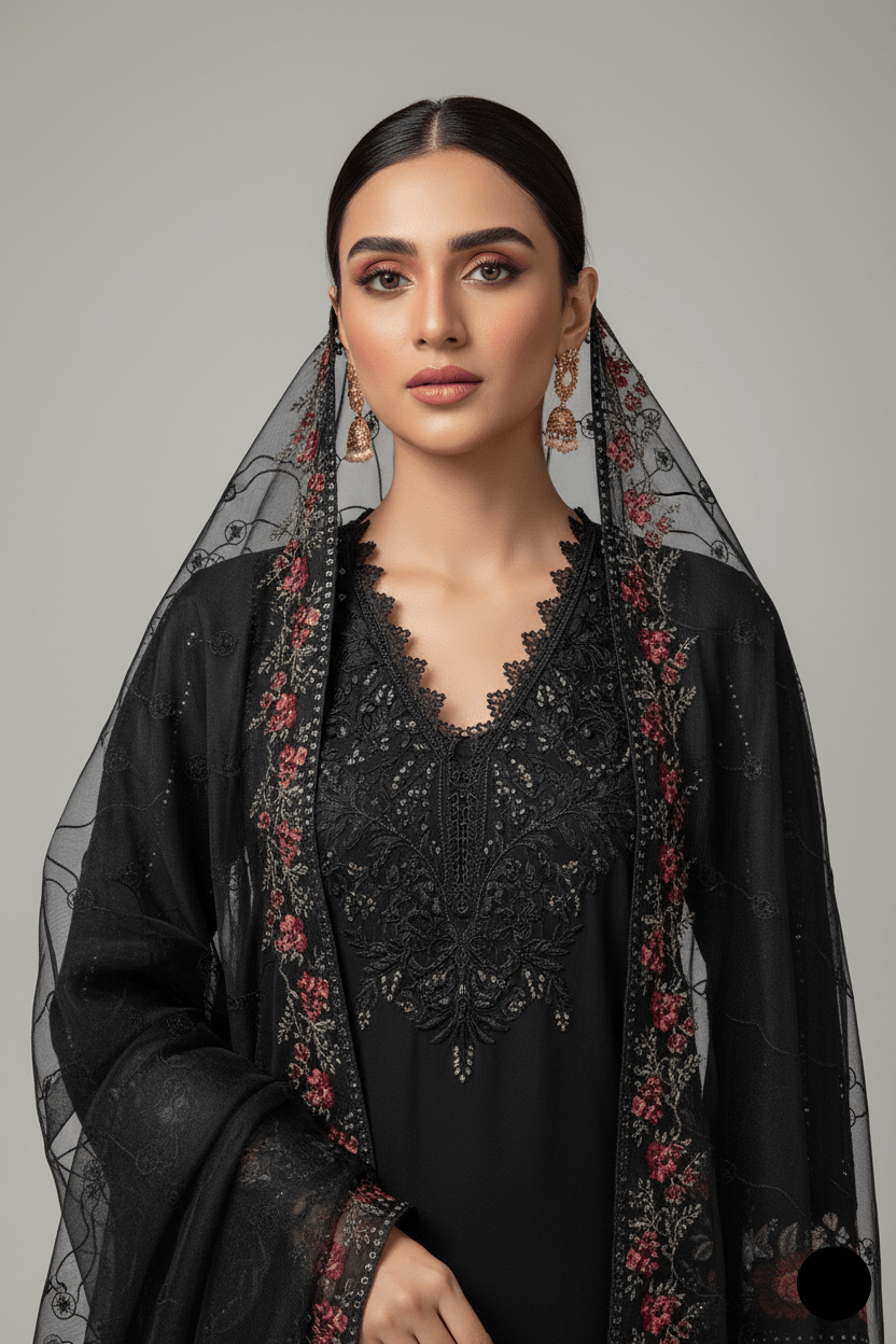 Elegant woman wearing a black ready to wear outfits with intricate embroidery and a stylish shawl.