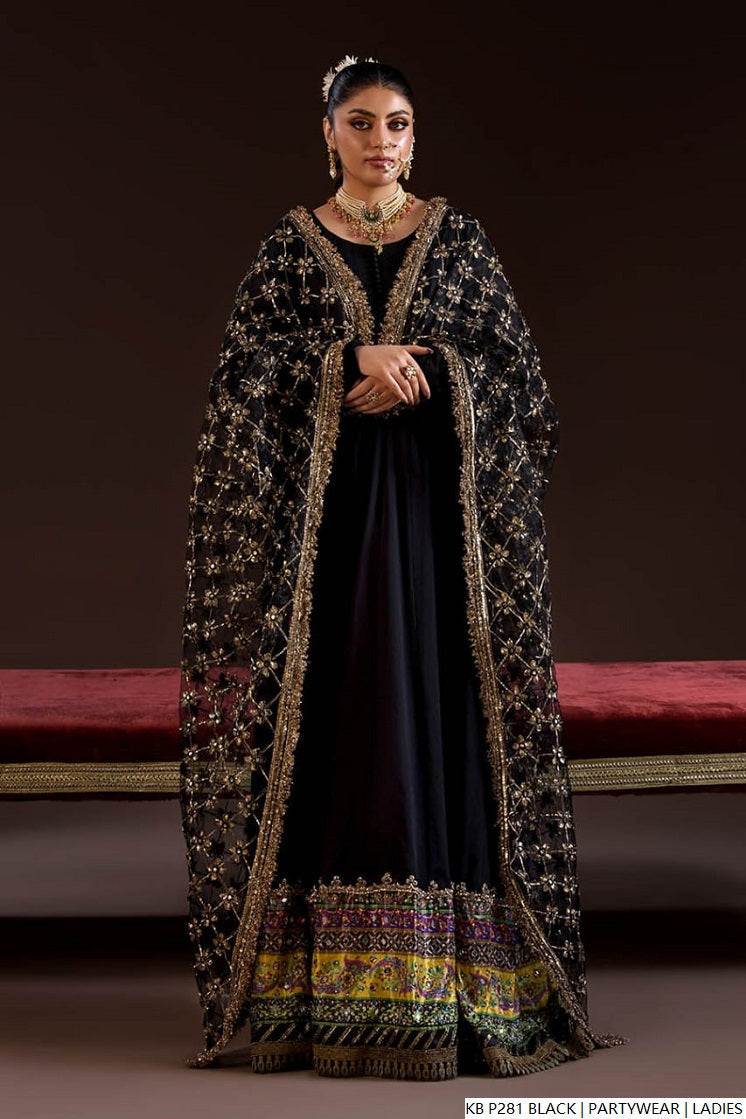 Elegant black special occasion party wear with intricate gold detailing and colorful border.