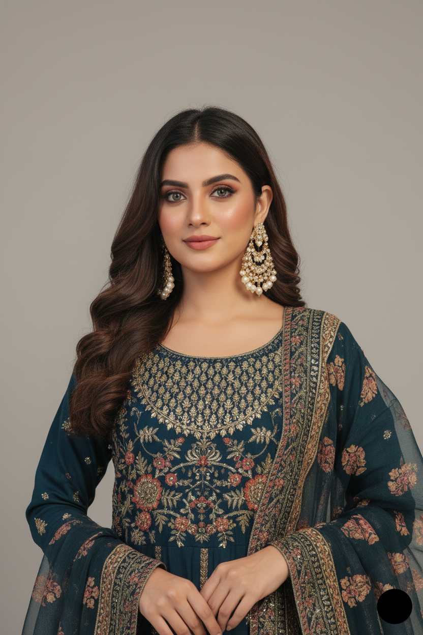 Elegant model showcasing a stunning outfit from the party wear collection, adorned with intricate embroidery and jewelry.