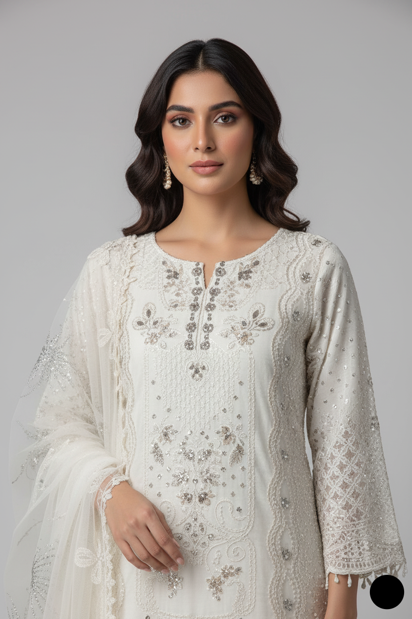 Elegant woman in a white outfit with intricate embroidery and earrings, showcasing luxury designer replicas.