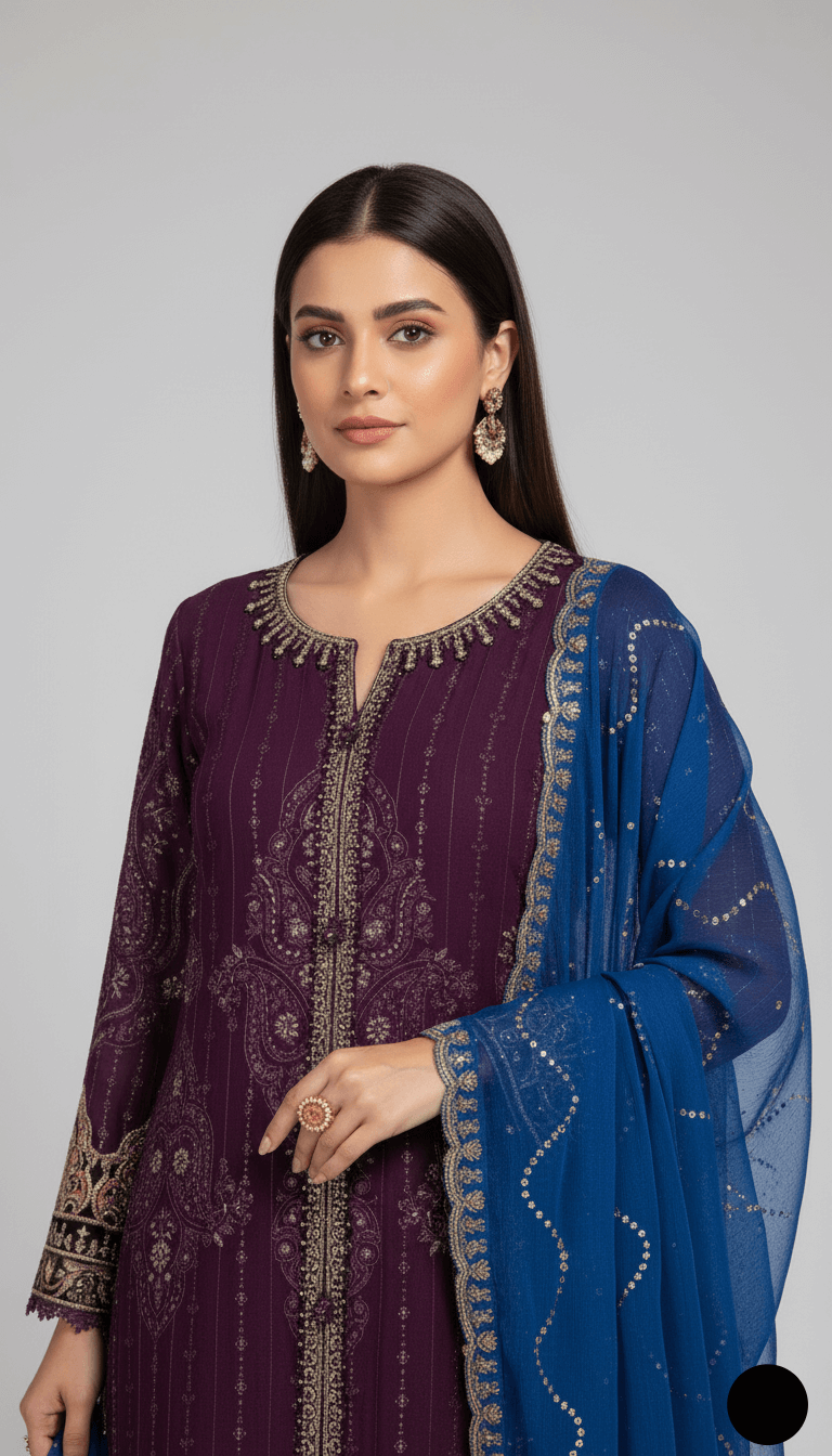ready to wear dresses A woman wearing a purple ready to wear dress with intricate designs, complemented by a blue dupatta.