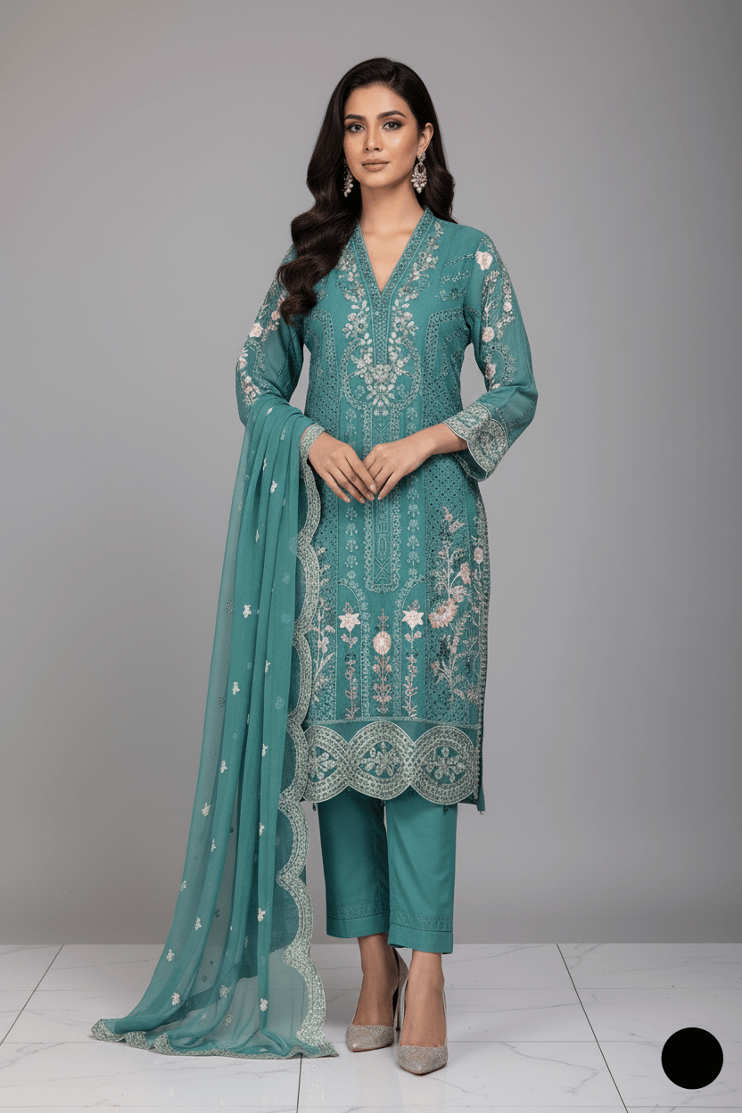 Model showcasing elegant attire from the Maria B replica collection in teal with intricate designs.