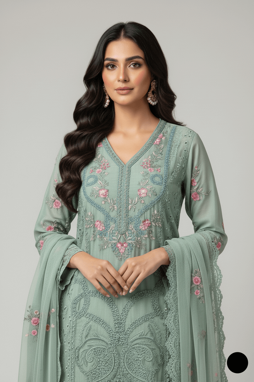 Zarqoon distributor in Pakistan showcasing elegant traditional attire with floral embroidery in soft green.