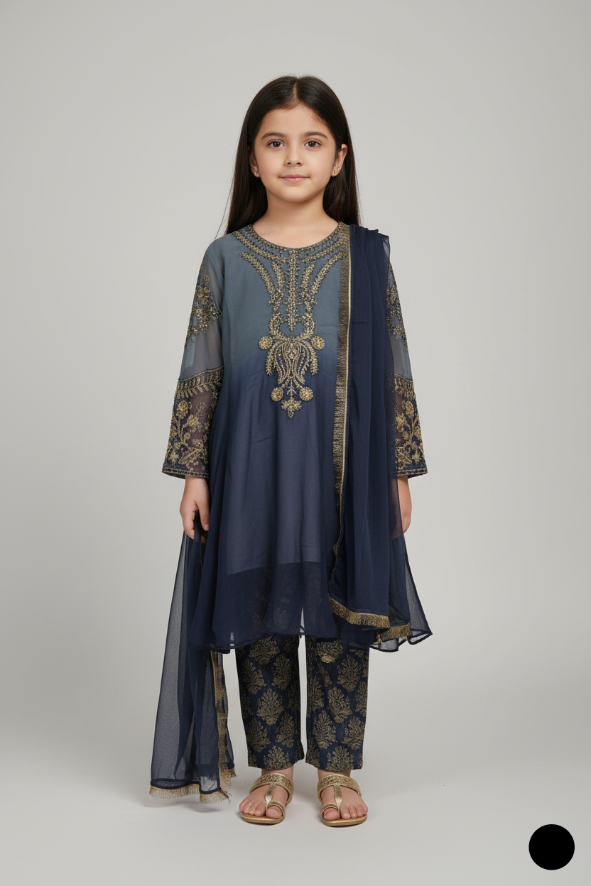 Elegant girl in a navy blue Kids Asian Party Wear outfit with intricate designs and comfortable styling.