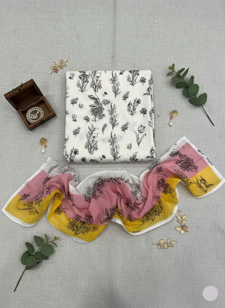 Unstitched collection featuring floral print fabric and a colorful scarf on a textured background.