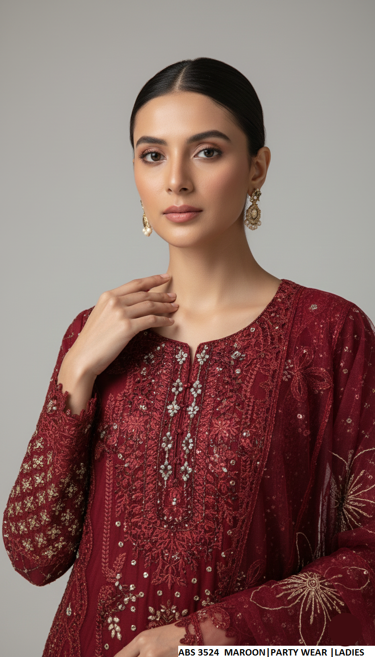 Elegant maroon outfit for ladies in the Party Wear collection, perfect for special occasions.