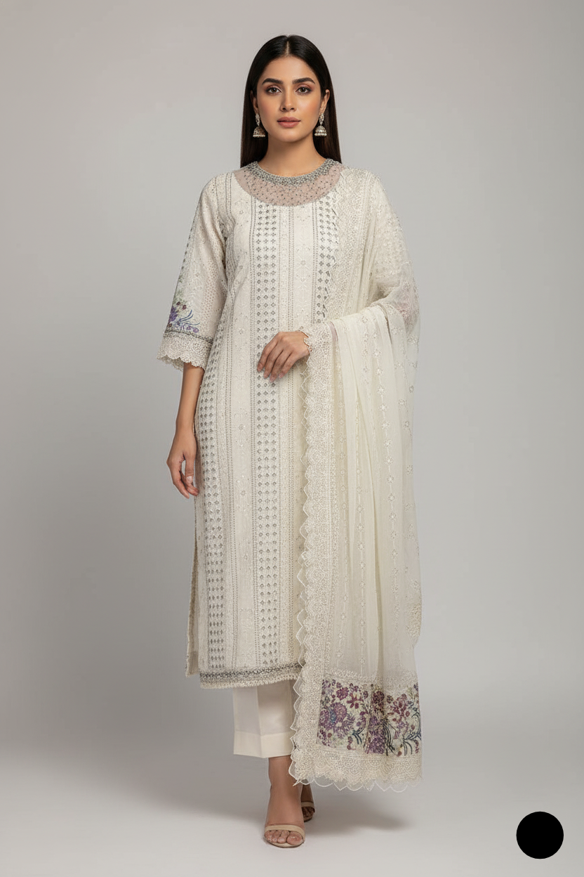 New Arrivals in Luxury Party Dresses for Elegant Party Wear featuring a model in an intricately designed white dress.