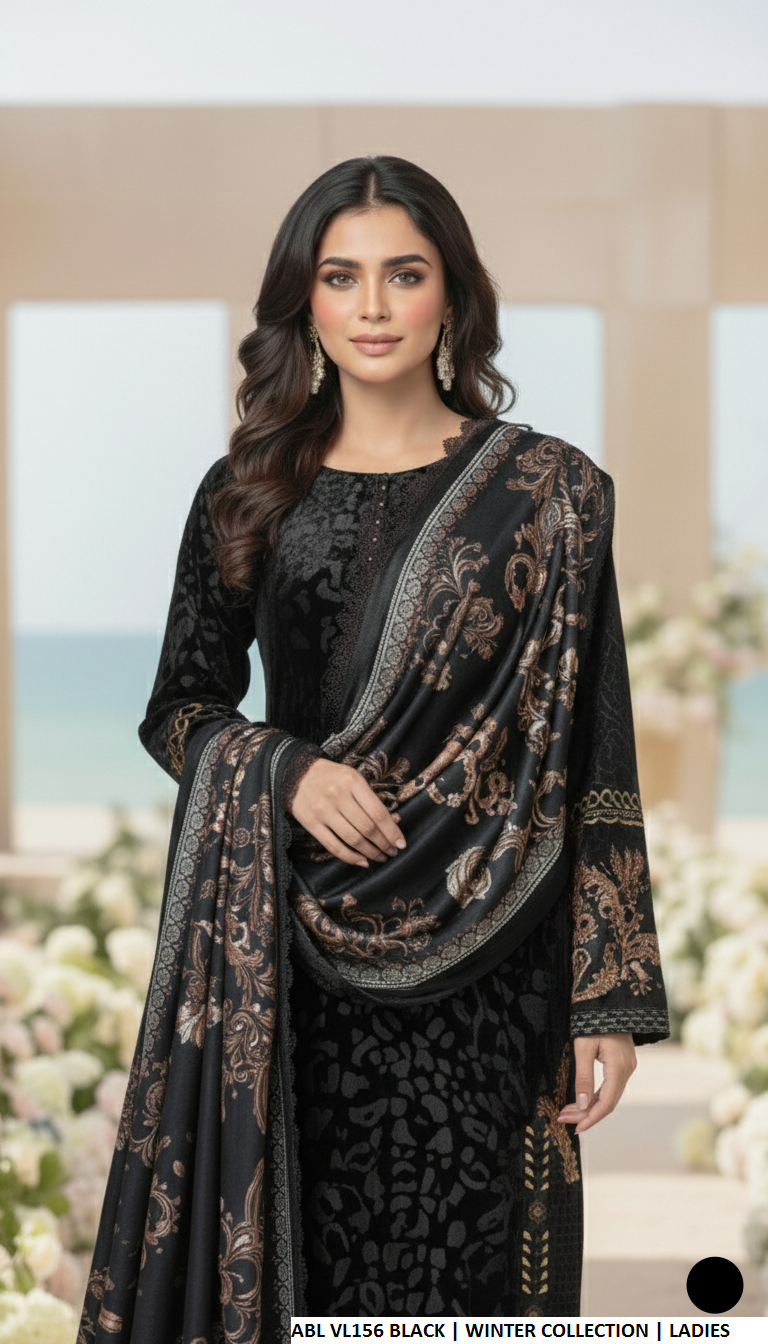 New In elegant black winter outfit featuring intricate patterns and stylish accessories for ladies.
