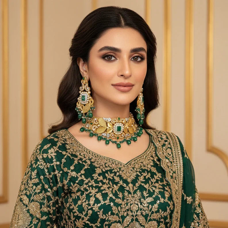 Elegant necklaces and earrings worn by a model, showcasing Necklaces from the exquisite jewellery collection.