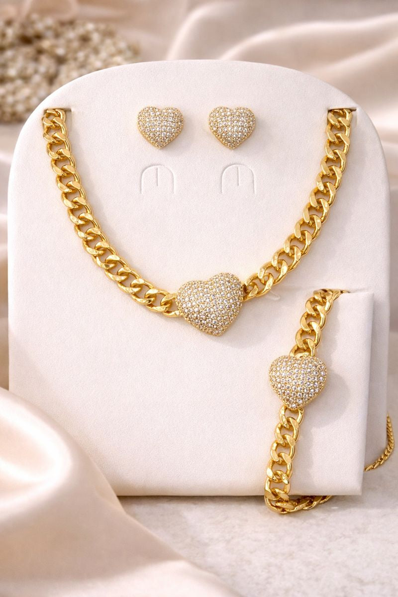 Golden heart luxe jewelry set - Pakistani women's elegant necklace bracelet and earring set with heart motifs front view