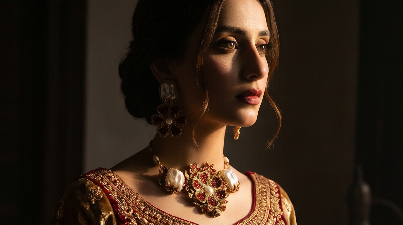 JW295 baroque ruby pearl Pakistani women's luxury bridal necklace set side view