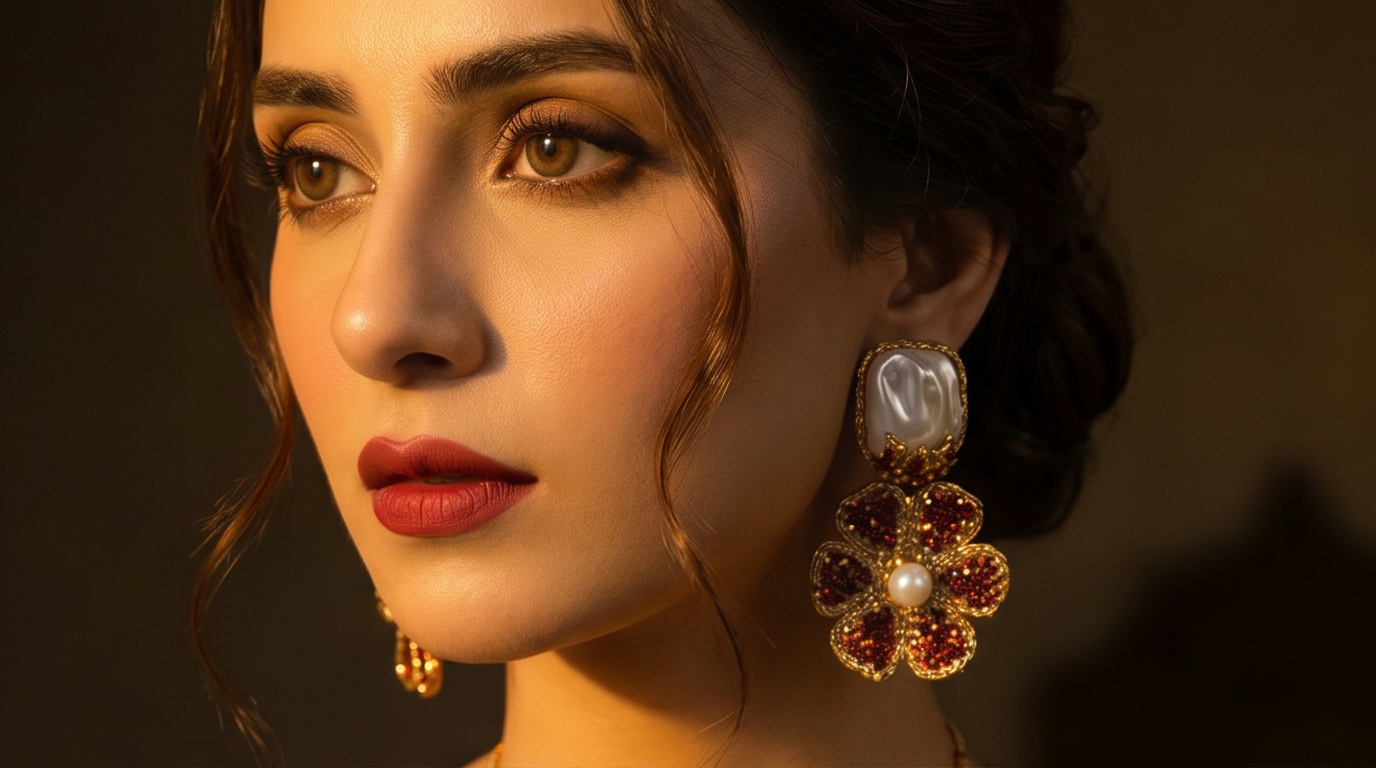 JW295 baroque ruby pearl statement set detail view showing floral clusters