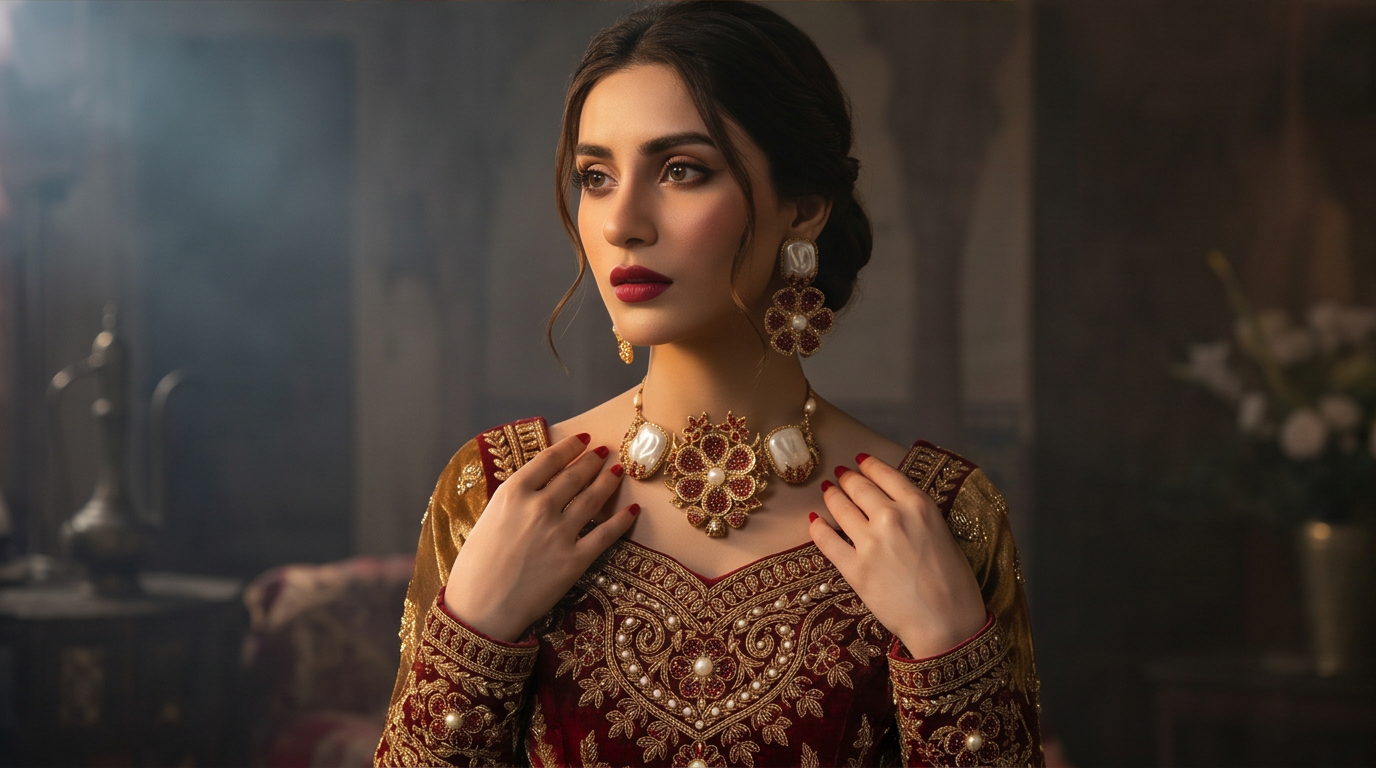 JW295 Pakistani women's ruby pearl heritage necklace full view