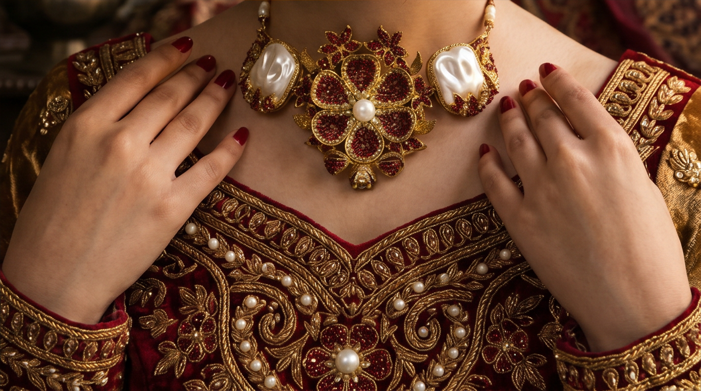 JW295 baroque ruby pearl Pakistani bridal jewelry set back view