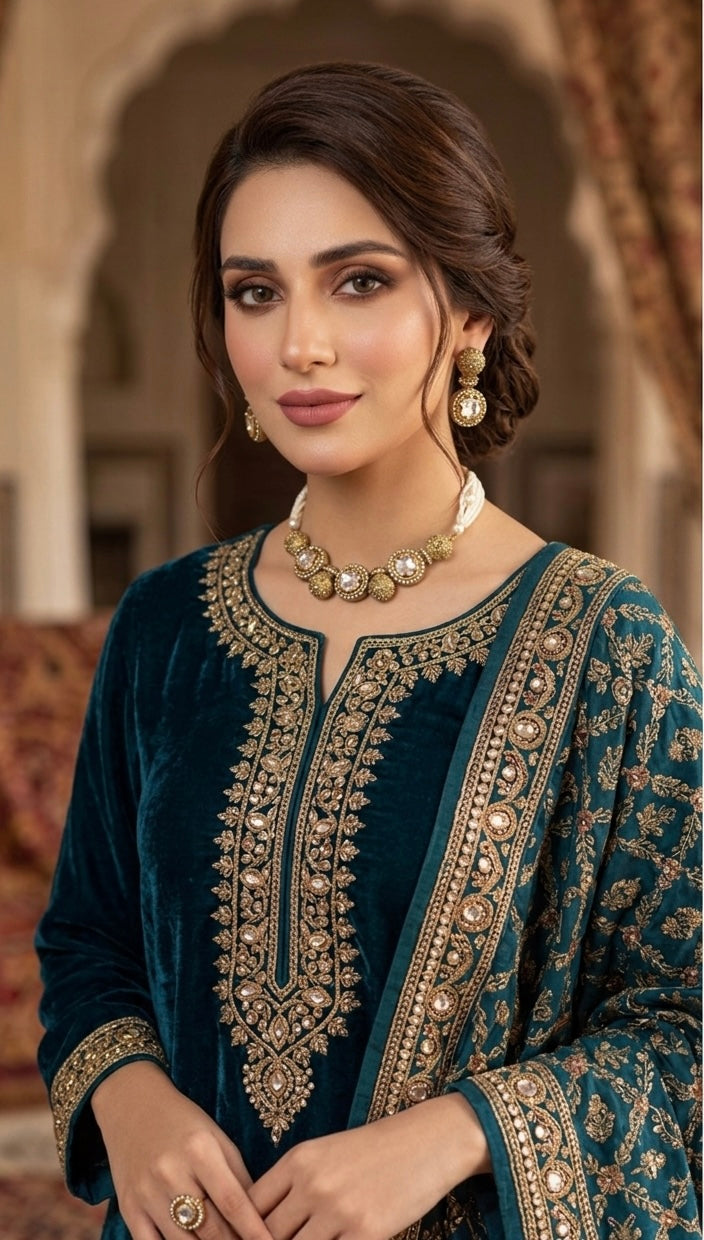 Champagne gold pearl statement necklace set JW345 - Pakistani women's luxury bridal jewelry with ivory pearl accents front view