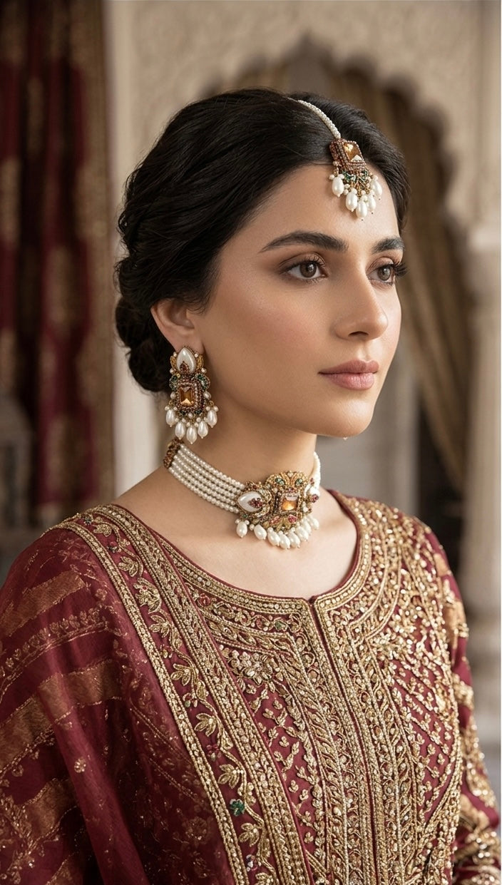 Amber citrine pearl heritage jewelry set JW390 - Pakistani women's wedding bridal necklace choker with gold filigree front view
