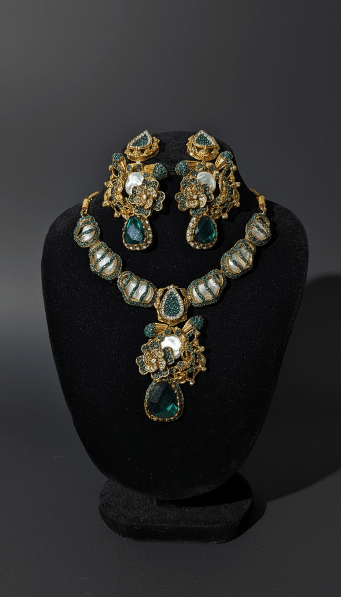Pakistani women's emerald heritage party wear necklace set side view
