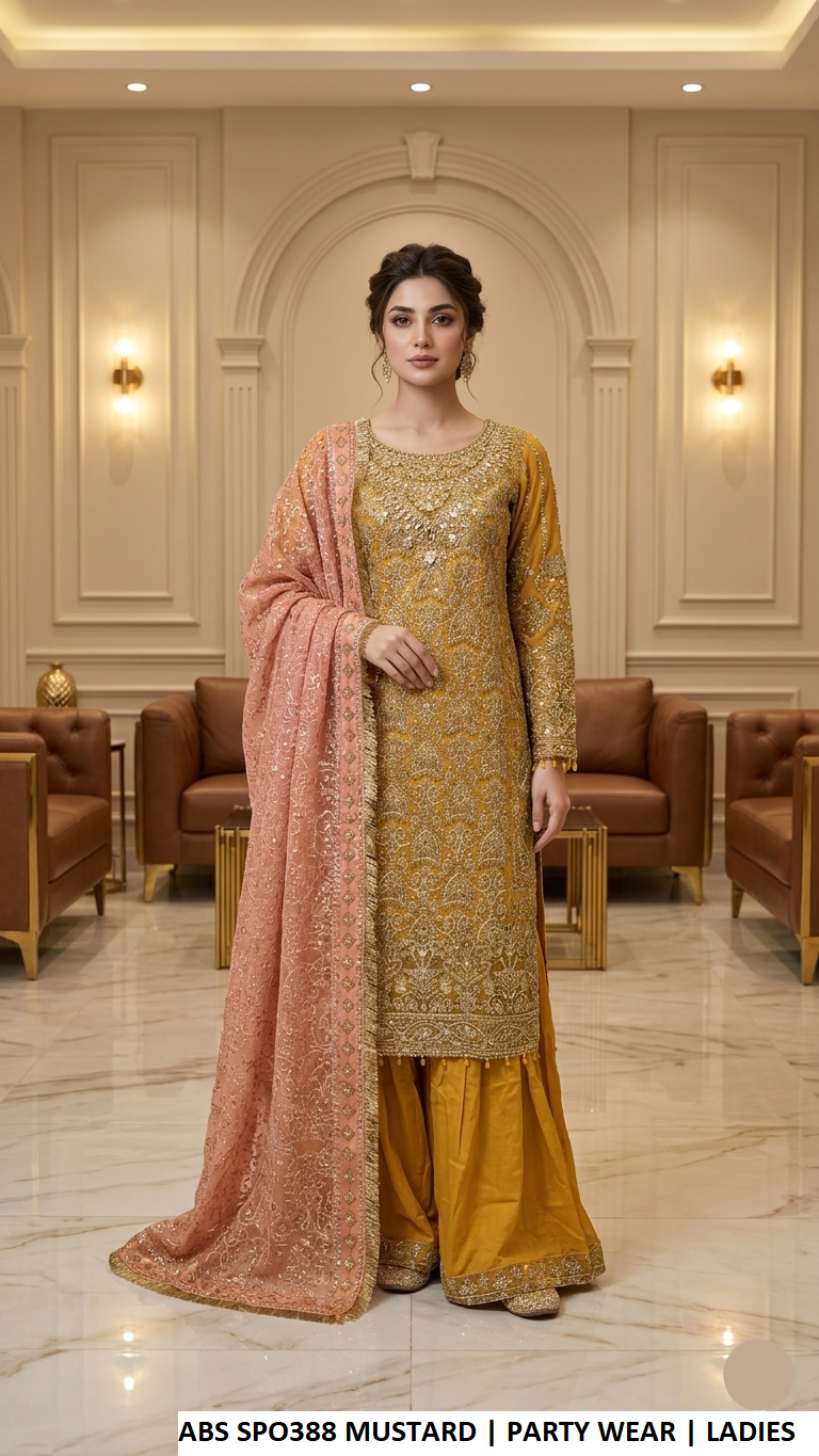 Mustard embroidered sharara suit with peach dupatta, Pakistani women's party wear