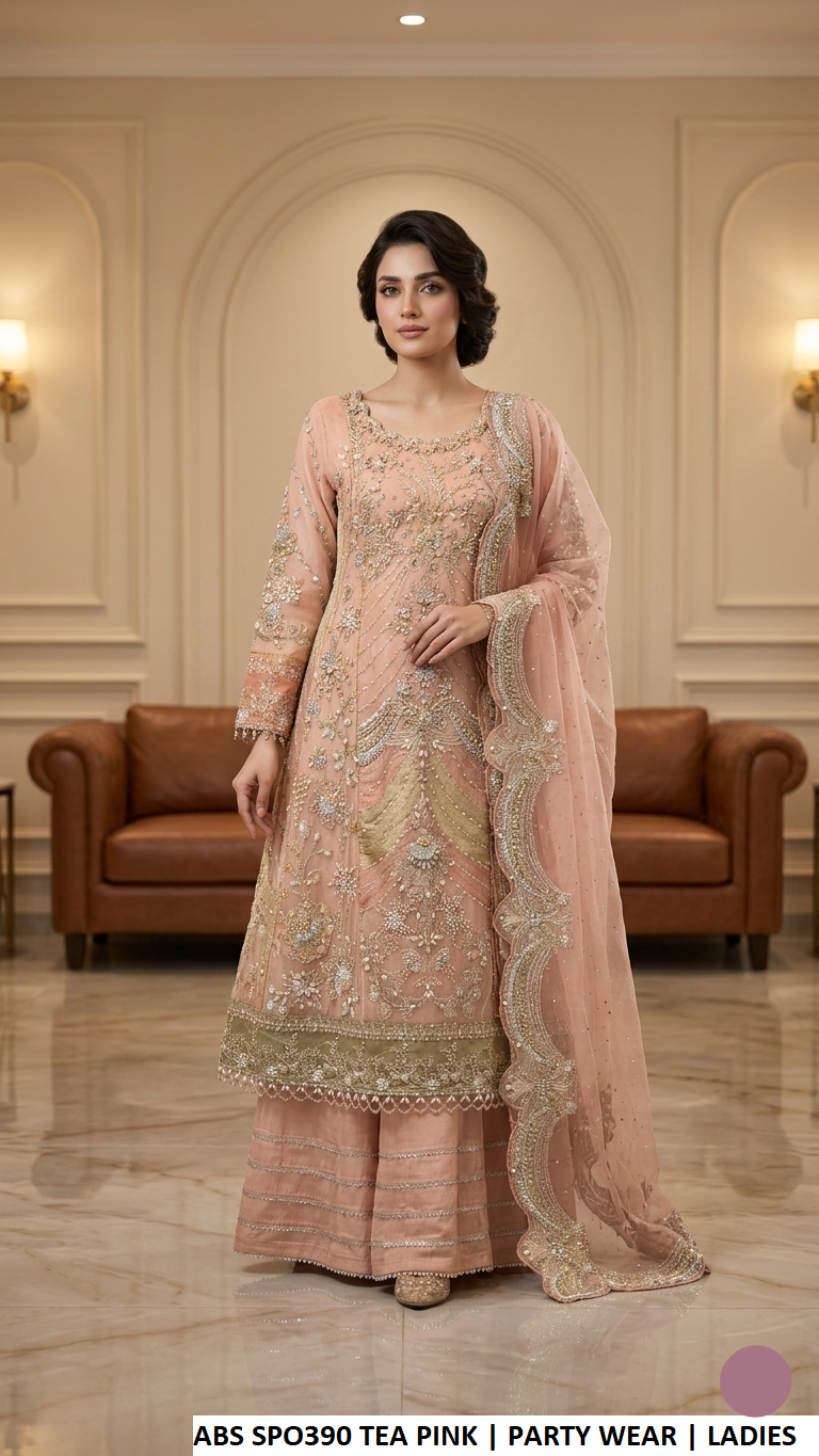 Tea pink embroidered sharara suit with dupatta, Pakistani women's party wear