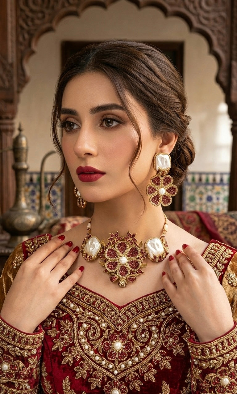 Baroque ruby pearl floral statement necklace set JW295 - Pakistani women's luxury bridal jewelry with pavé ruby stones front view