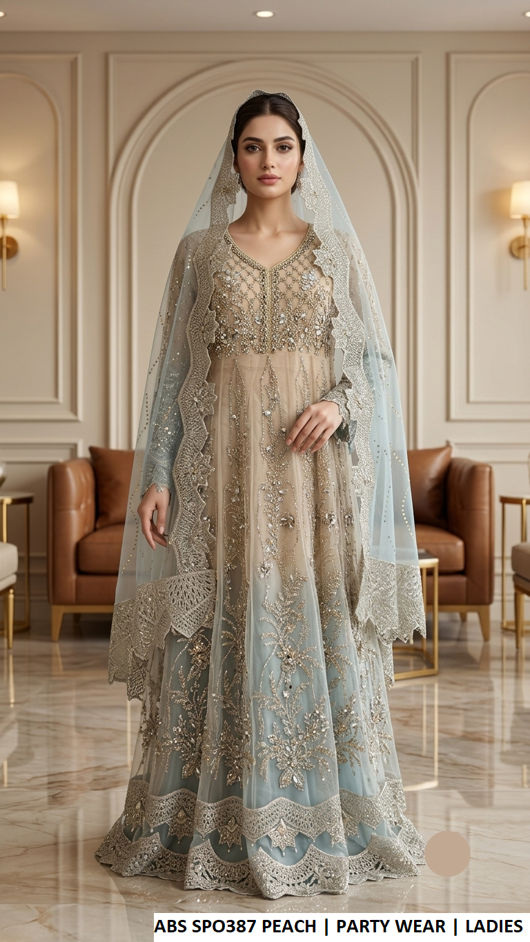 Beige embroidered long gown with blue net dupatta, Pakistani women's formal wear