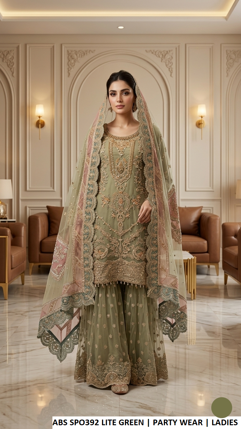 Light green embroidered sharara suit with dupatta, Pakistani women's party wear