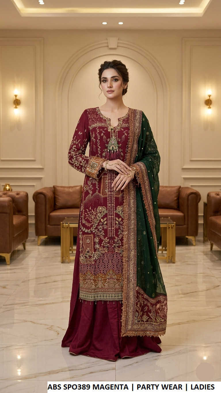 Magenta embroidered party suit with green dupatta, Pakistani women's formal three-piece wear