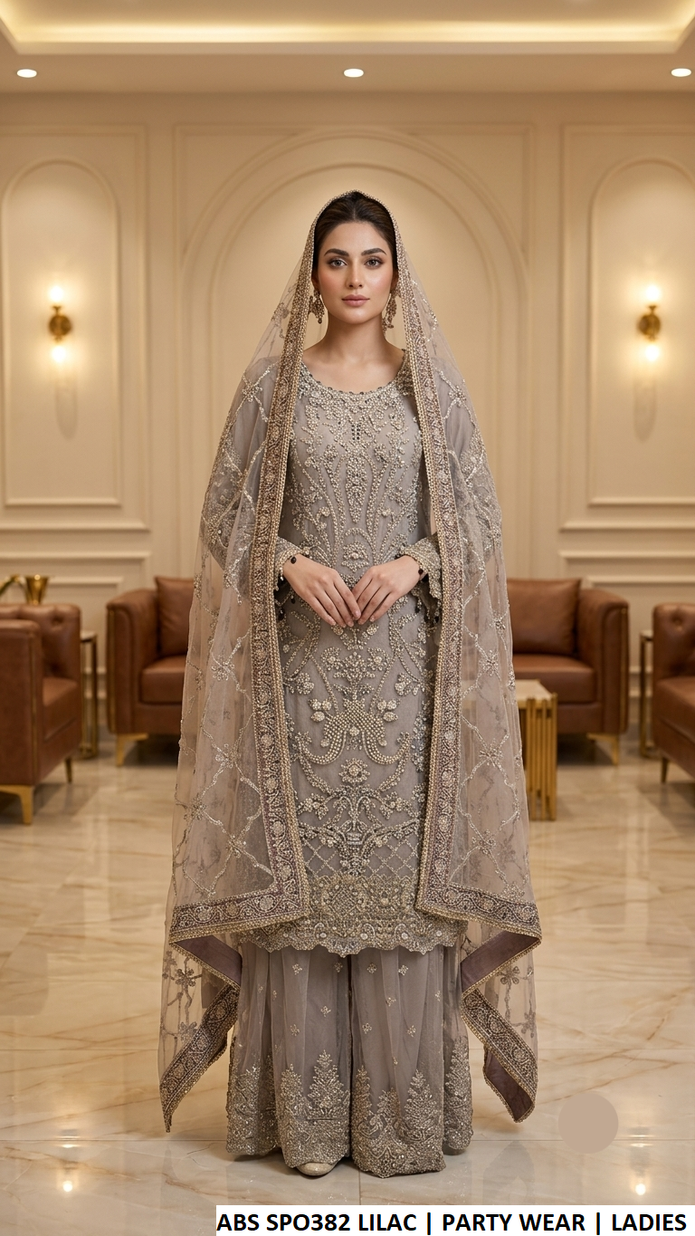 Lilac embroidered sharara suit with dupatta, Pakistani women's party wear