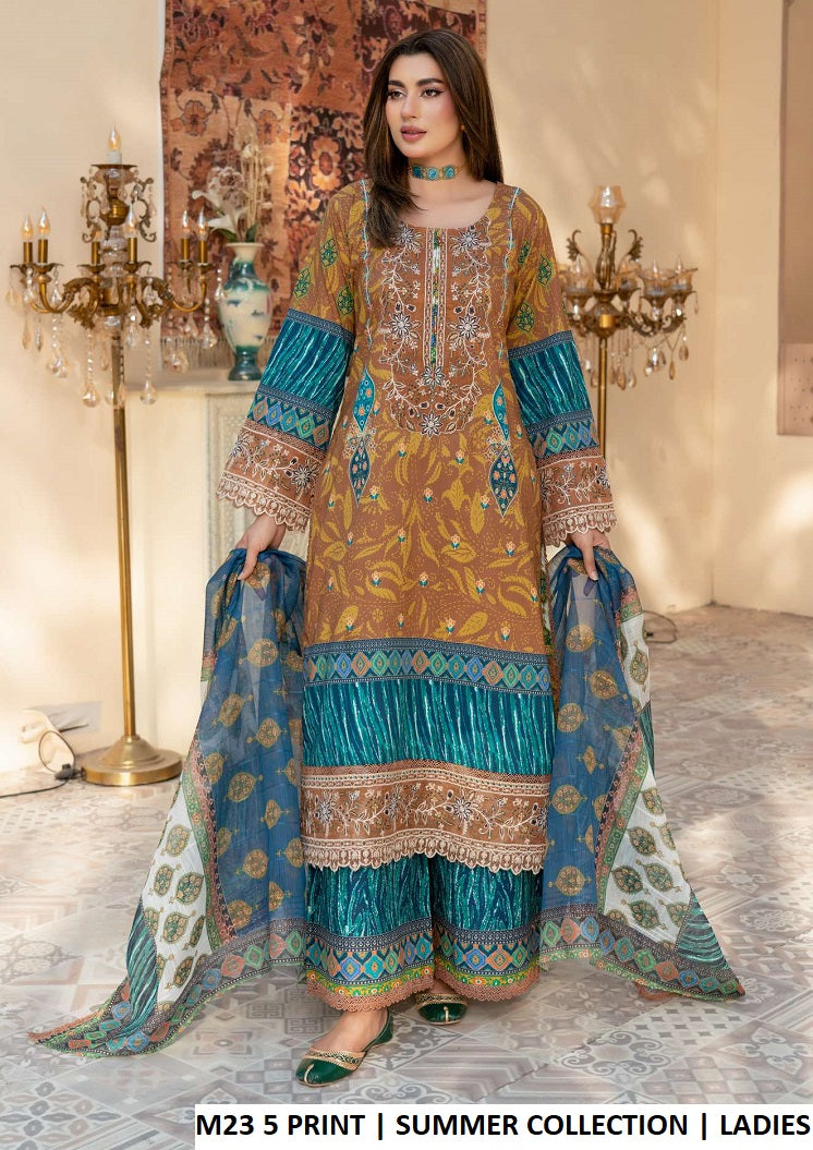 Lawn straight shirt plazo M23 5 PRINT - Pakistani women's summer casual outfit with digital printed dupatta front view