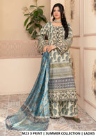 Lawn straight shirt plazo M23 3 PRINT - Pakistani women's summer casual outfit with digital printed dupatta front view