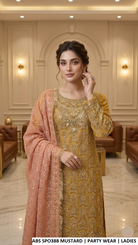 Mustard embroidered sharara suit with peach dupatta, Pakistani women's party wear