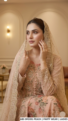Peach embroidered long gown with net dupatta, Pakistani women's formal party wear