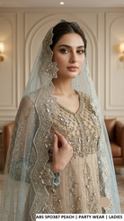 Beige embroidered long gown with blue net dupatta, Pakistani women's formal wear