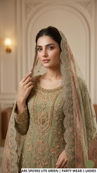 Light green embroidered sharara suit with dupatta, Pakistani women's party wear
