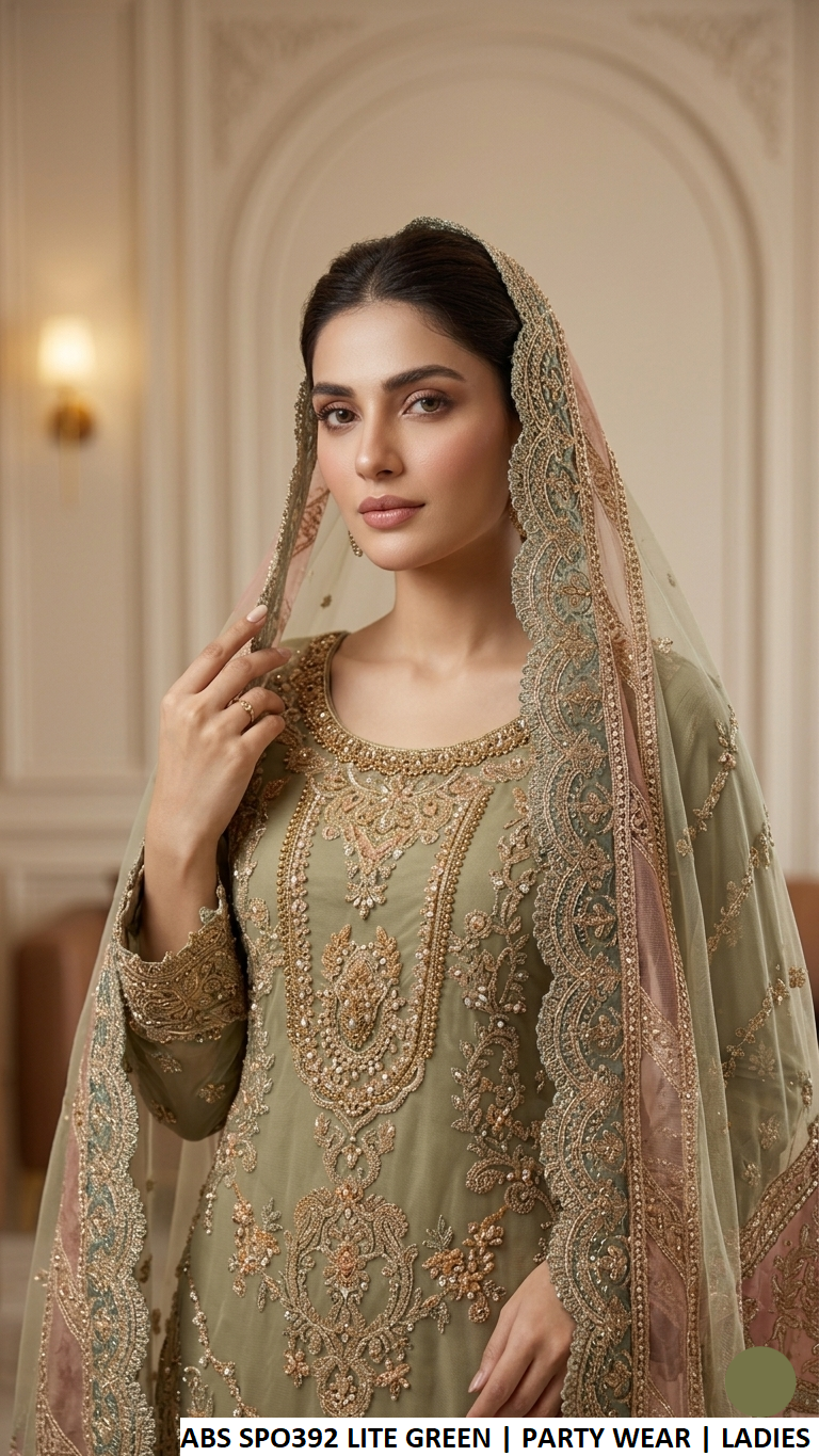 Light green embroidered sharara suit with dupatta, Pakistani women's party wear