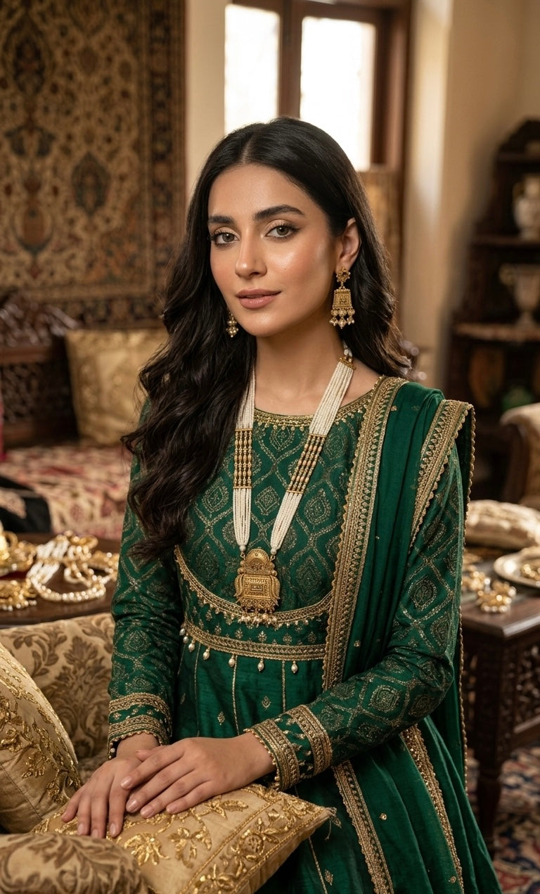 Antique gold pearl rani haar necklace set JW190 - Pakistani women's luxury bridal jewelry with multi-layered pearl strands and jhumka earrings front view