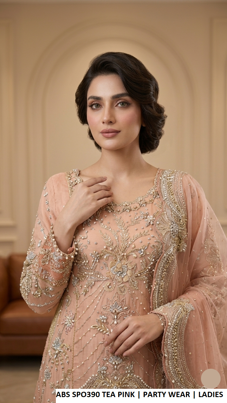 Tea pink embroidered sharara suit with dupatta, Pakistani women's party wear