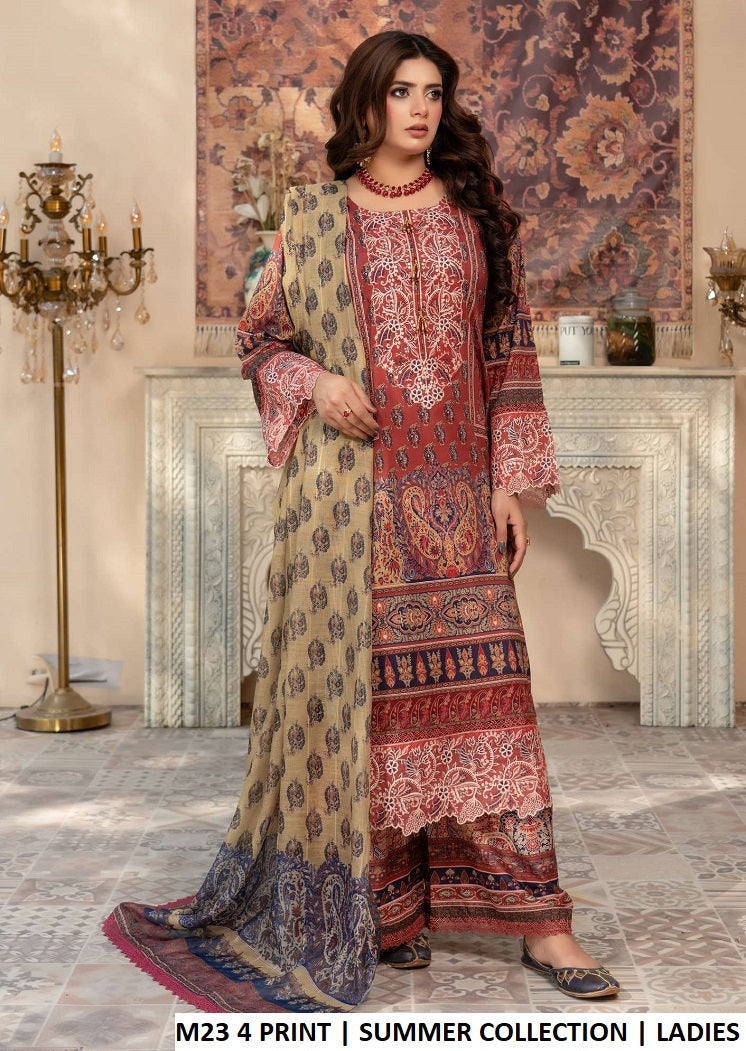 Lawn straight shirt plazo M23 4 PRINT - Pakistani women's summer casual outfit with digital printed dupatta front view