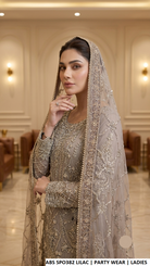 Lilac embroidered sharara suit with dupatta, Pakistani women's party wear