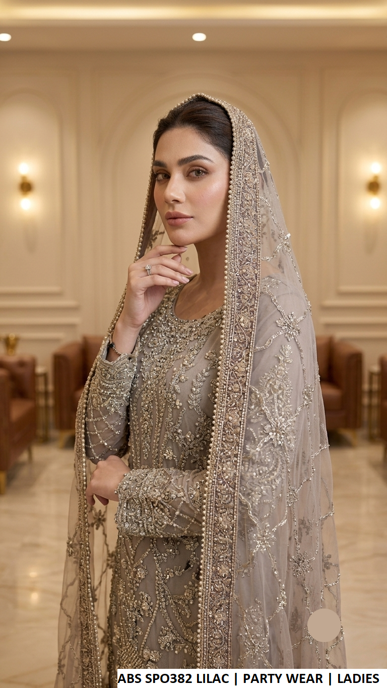 Lilac embroidered sharara suit with dupatta, Pakistani women's party wear