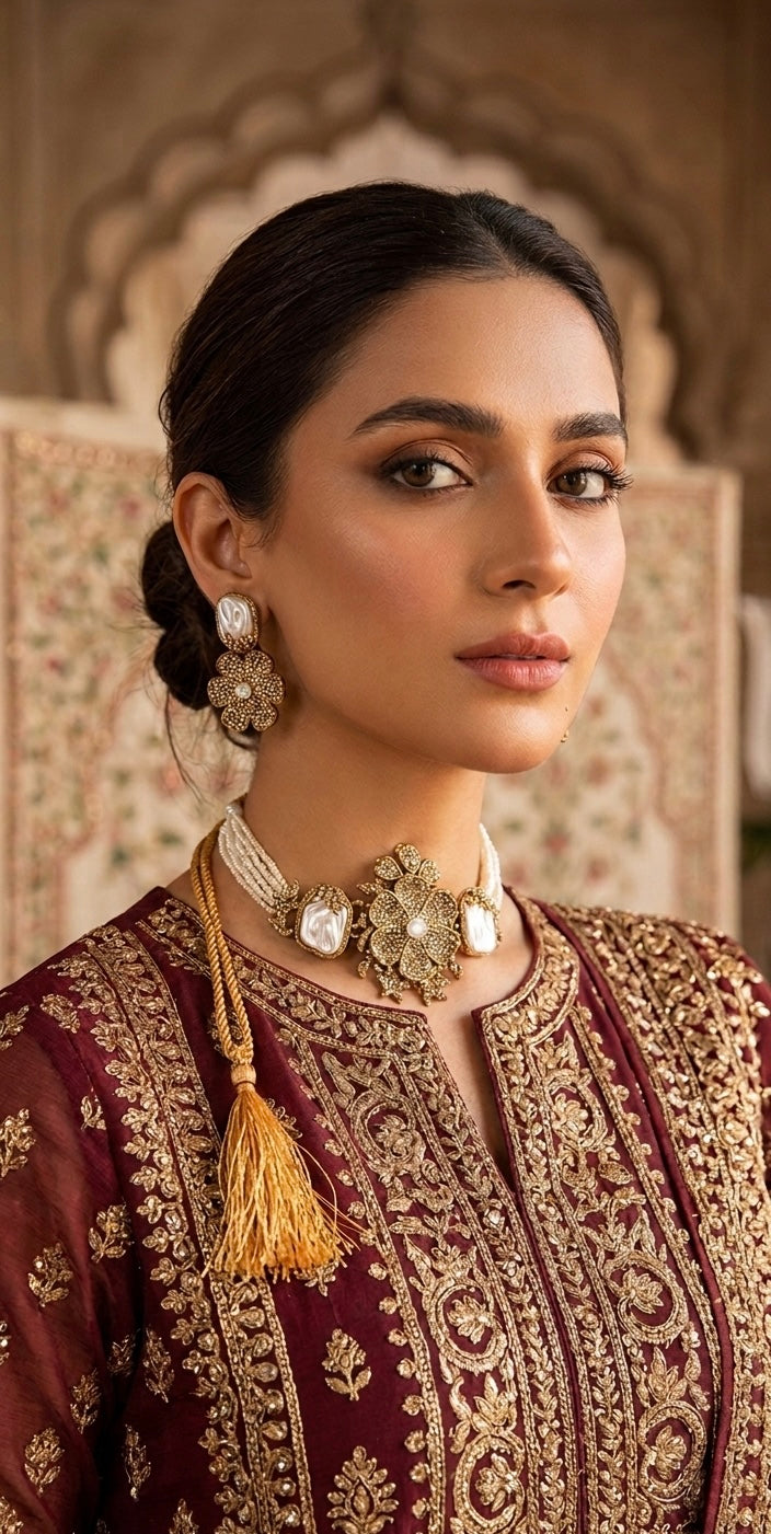 Antique floral pearl choker necklace set JW295 - Pakistani women's luxury bridal jewelry with multi-strand pearls and gold filigree front view