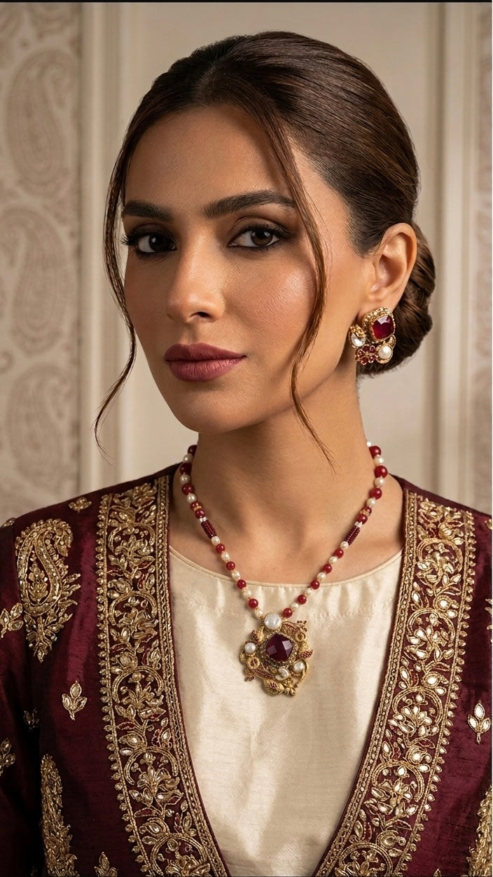 Ruby pearl statement necklace set JW295 - Pakistani women's luxury bridal jewelry with deep red ruby stones and pearl accents front view
