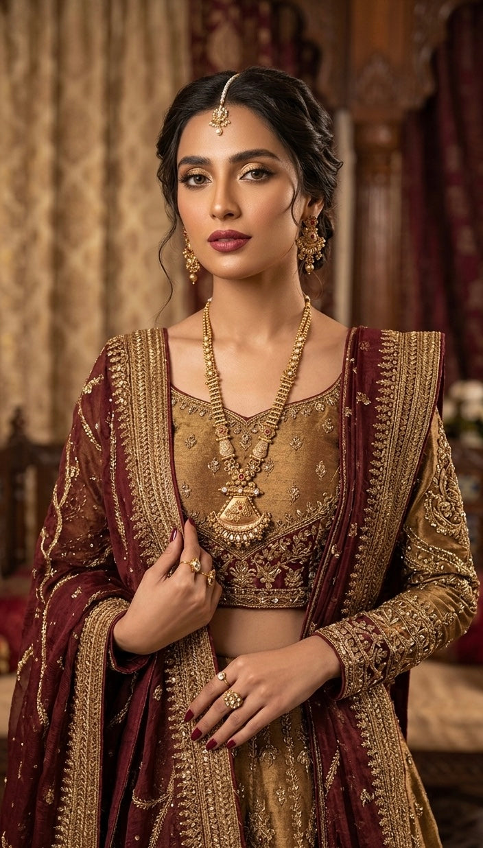 Antique gold heritage statement necklace set JW455 - Pakistani women's luxury bridal jewelry with temple style pendant and maang tikka front view