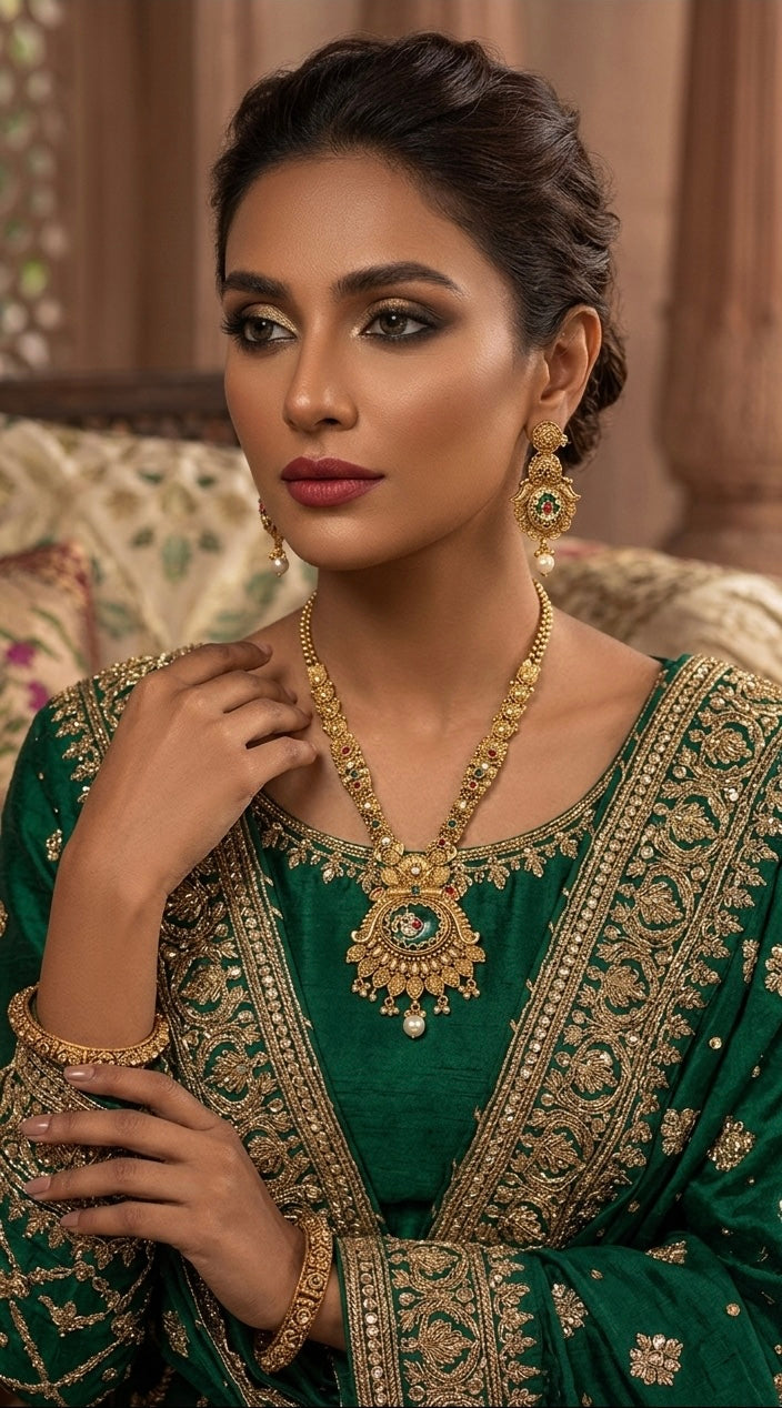 Royal emerald filigree heritage necklace set JW219 - Pakistani women's luxury bridal jewelry with emerald center stone and pearl droplets front view