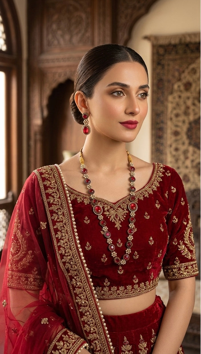 Ruby crimson statement necklace set JW229 - Pakistani women's luxury bridal jewelry with maroon ruby stones and gold beads front view