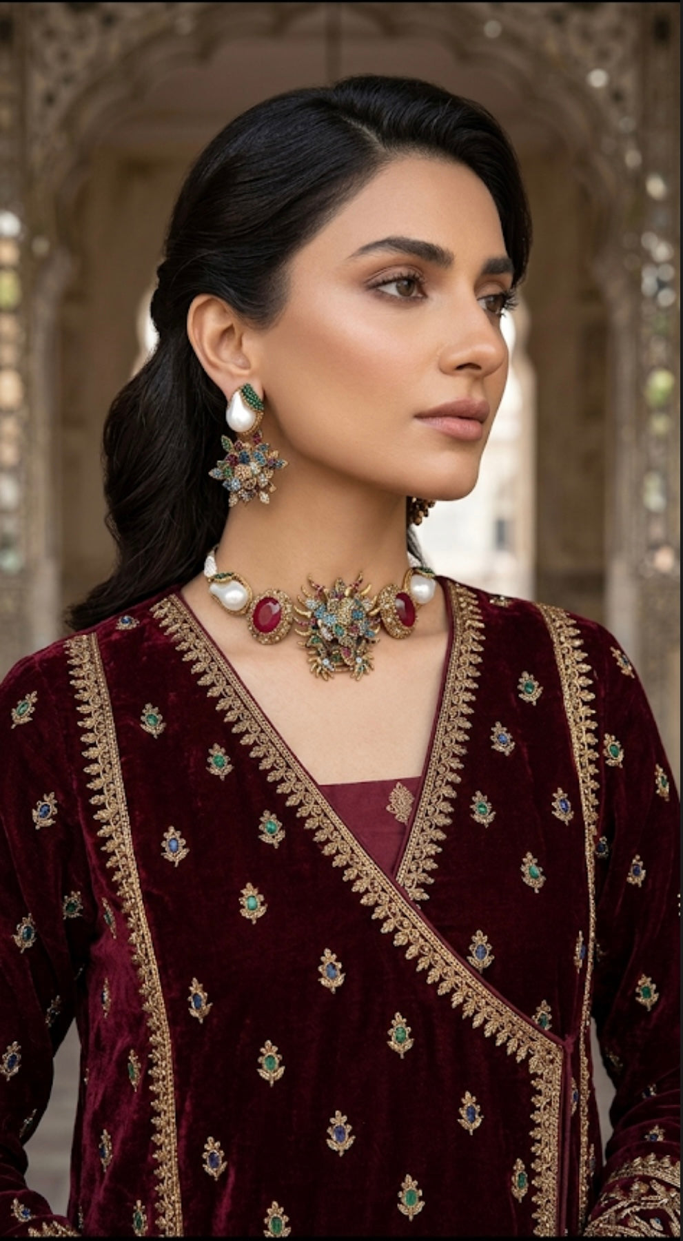 Ruby multi-stone royal choker set JW309 - Pakistani women's luxury bridal jewelry with ruby red stones and baroque pearls front view