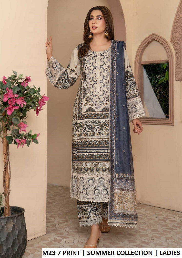 Lawn straight shirt plazo M23 7 PRINT - Pakistani women's summer casual outfit with digital printed dupatta front view