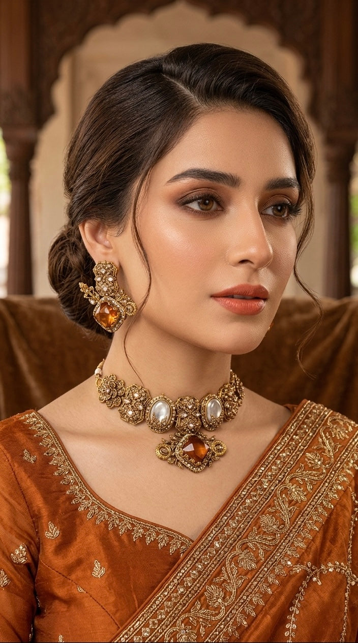 Amber citrine statement necklace set JW279 - Pakistani women's luxury bridal jewelry with honey amber stones and white pearls front view