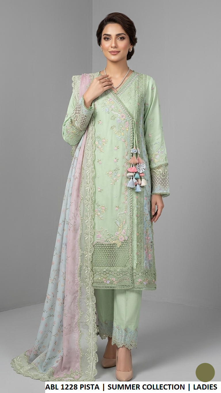 Cotton A-Line shirt plazo ABL 1228 PISTA - Pakistani women's casual outfit with digital printed dupatta front view